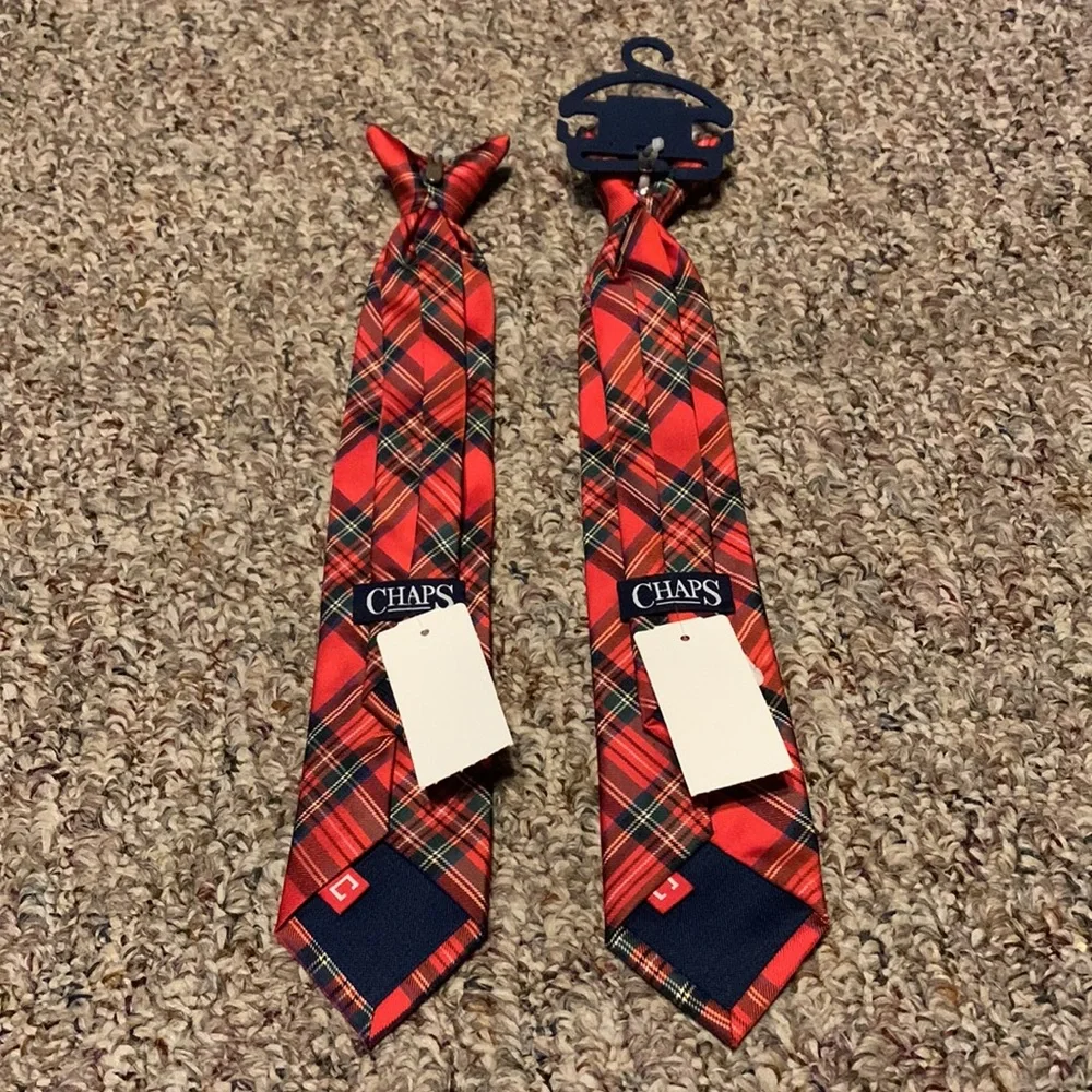 Bundle 2 new Chaps Clip-on Ties Red Tartan plaid Twins? - Picture 3 of 3